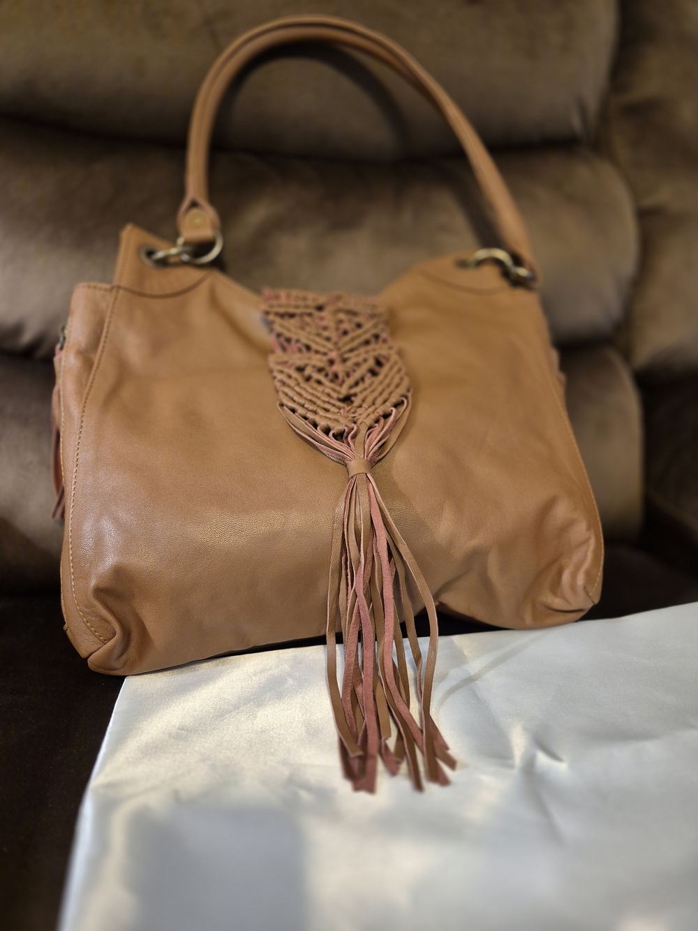 Tan Leather Macramé Tassel Tote Bag